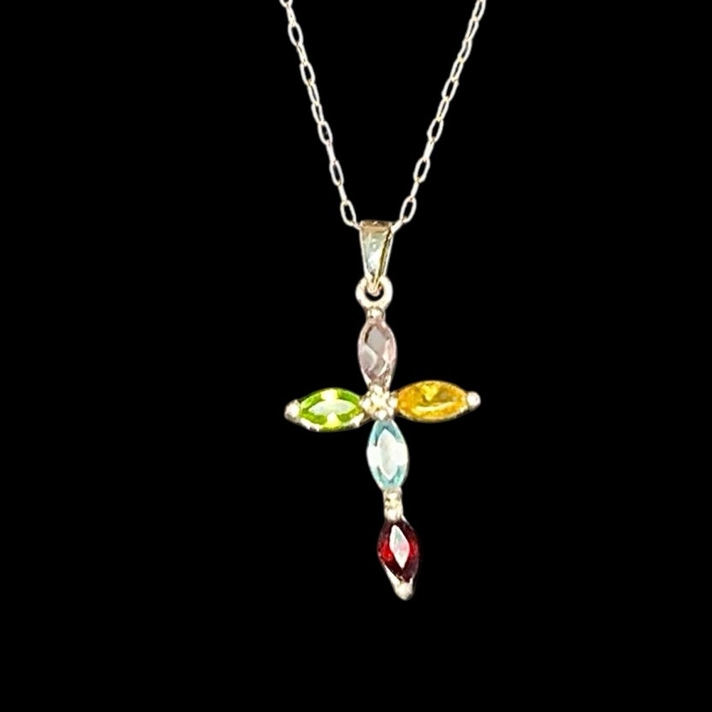 Sterling Silver Multicolor Gemstone Cross Pendant Necklace 20 inch